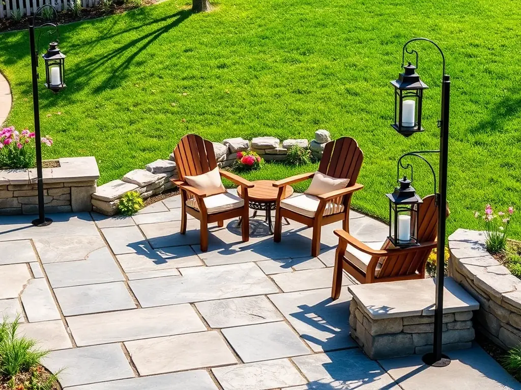 An elegant stone patio with outdoor lighting and comfortable seating, illustrating the hardscaping and outdoor features services provided by The Best Landscapers.