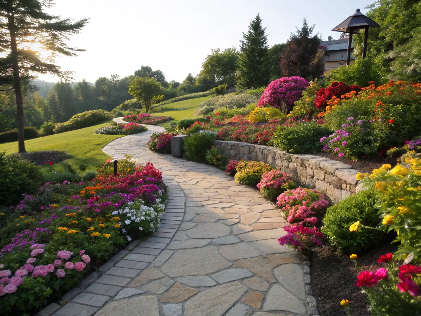 A beautifully designed garden with colorful flowers, lush greenery, and a stone pathway, exemplifying the landscape design and installation services offered by The Best Landscapers.
