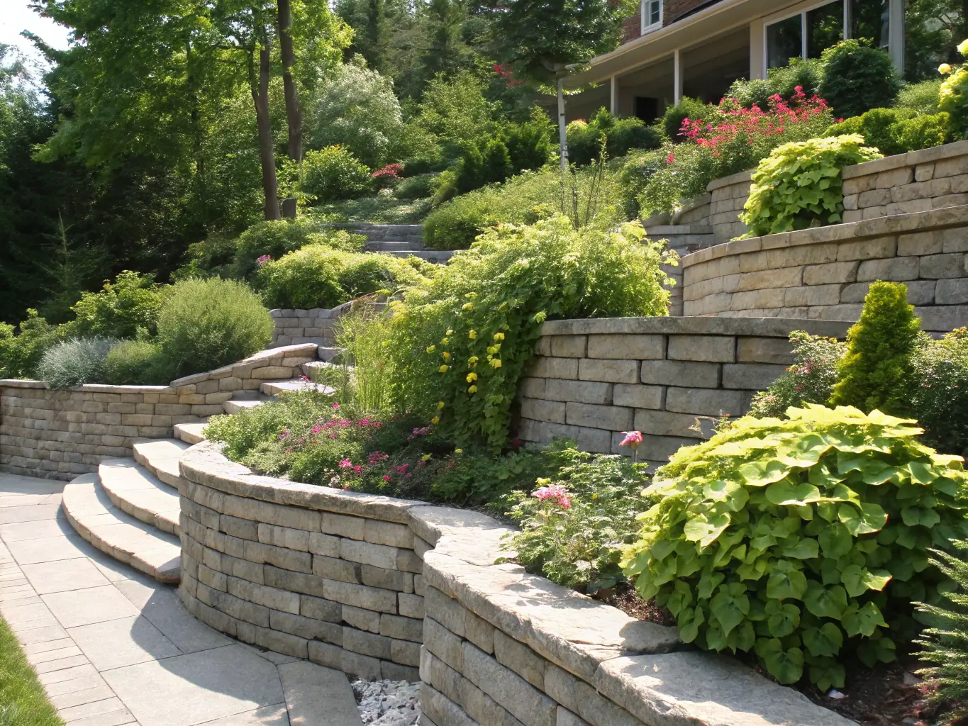 A modern garden featuring a sleek retaining wall made of natural stone, demonstrating The Best Landscapers' expertise in structural landscaping.