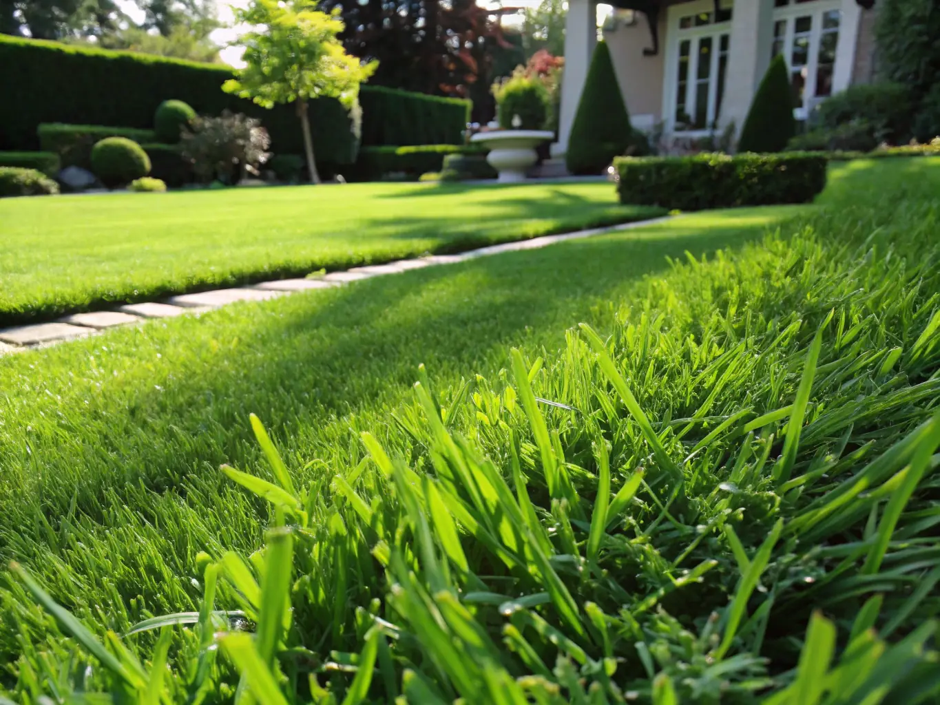 A perfectly manicured green lawn with vibrant, healthy grass, showcasing the meticulous lawn care services provided by The Best Landscapers.
